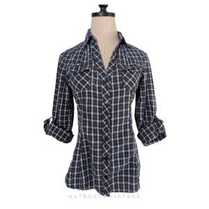 Y2K Plaid Button Top M Blue Bella Shirt Classic Preppy Twilightcore 2010s Roll